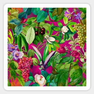 Trendy tropical floral leaves and fruits tropical pattern, pink fuchsia floral illustration over a Sticker